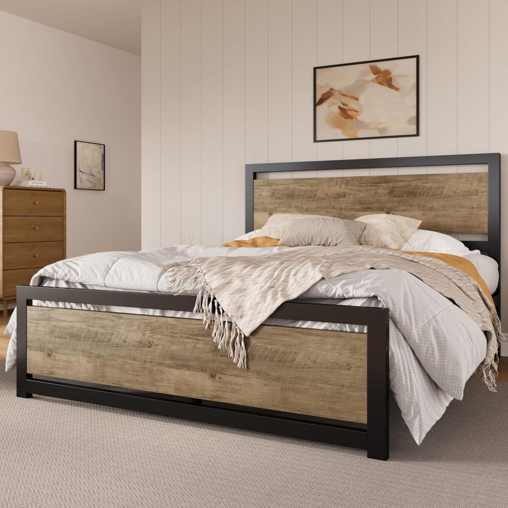 Sha Cerlin Full Size Bed Frame With Modern Headboard, Heavy Duty Platform Metal Base With Square Footboard And 13 Strong Slats Support, No Box Spring Needed, Brown