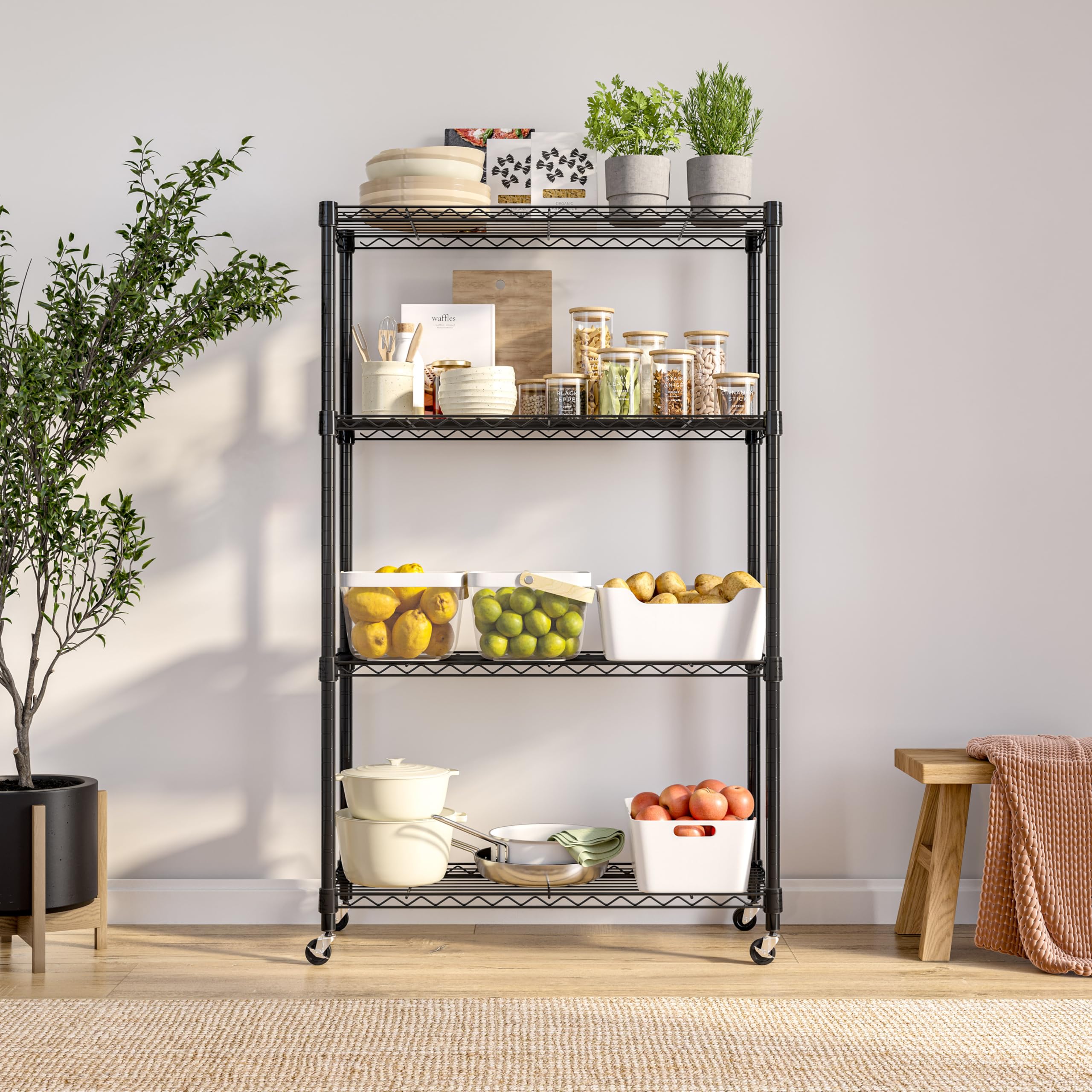 Seville Classics Solid Steel Wire Shelving Storage Unit Adjustable Shelves Organizer Rack, For Home, Kitchen, Office, Garage, Bedroom, Closet, Black, 4-Tier, 36' W X 14' D