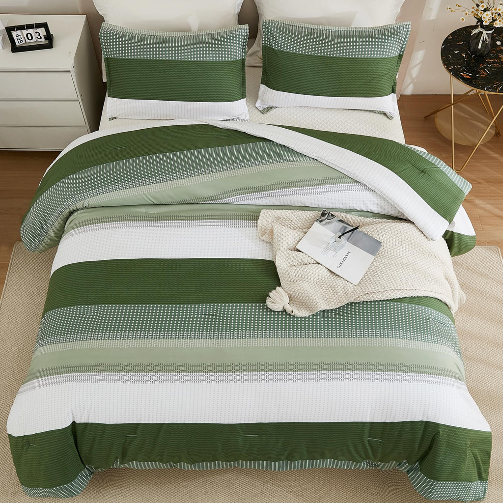 Litanika Olive Green Comforter Set Queen - 3 Pieces Lightweight Olive Green White Colorblock Stripe Fluffy Bedding Comforter Set