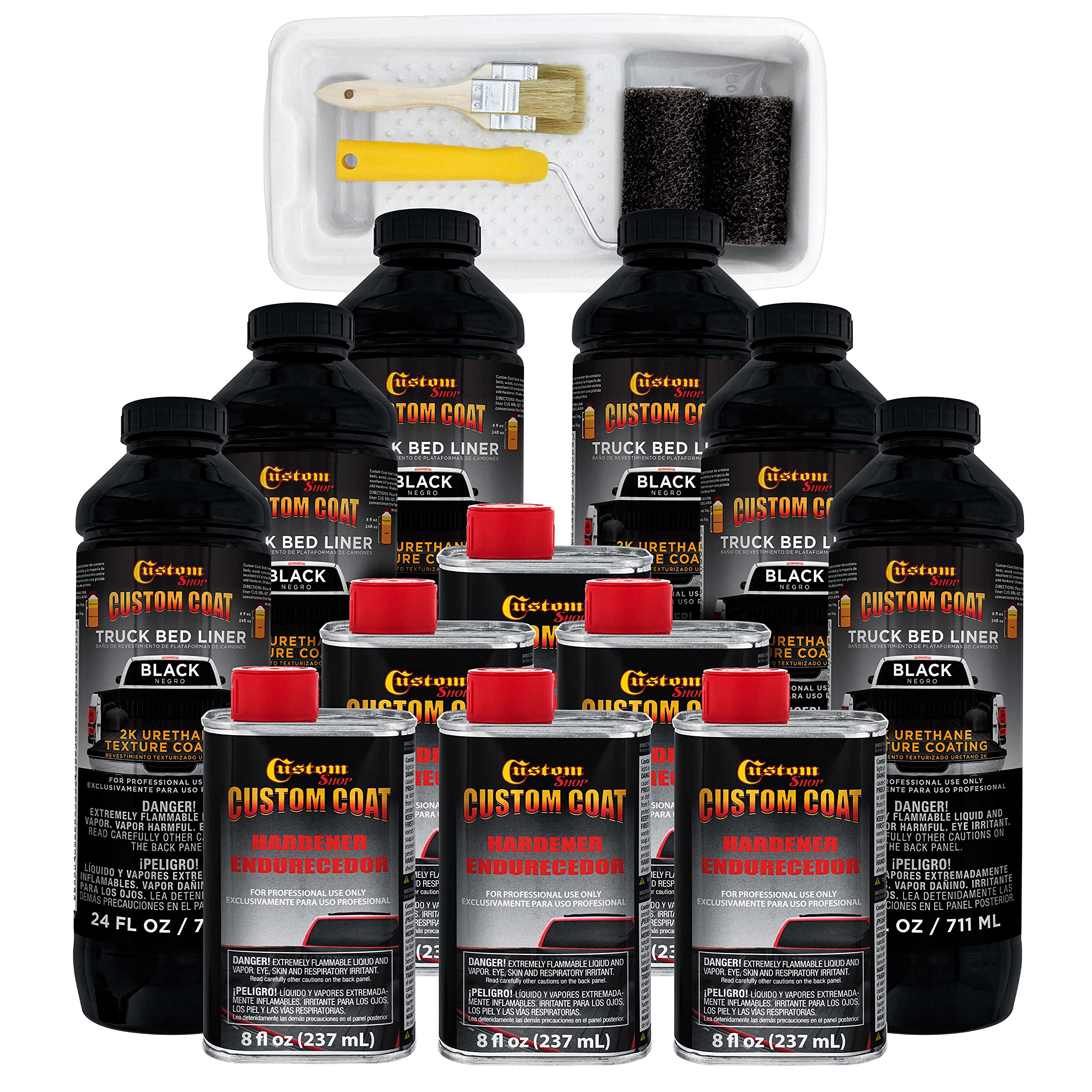 Custom Coat Black 1.5 Gallon (6 Quart) Urethane Roll-On, Brush-On Or Spray-On Truck Bed Liner Kit With Roller And Brush Applicat