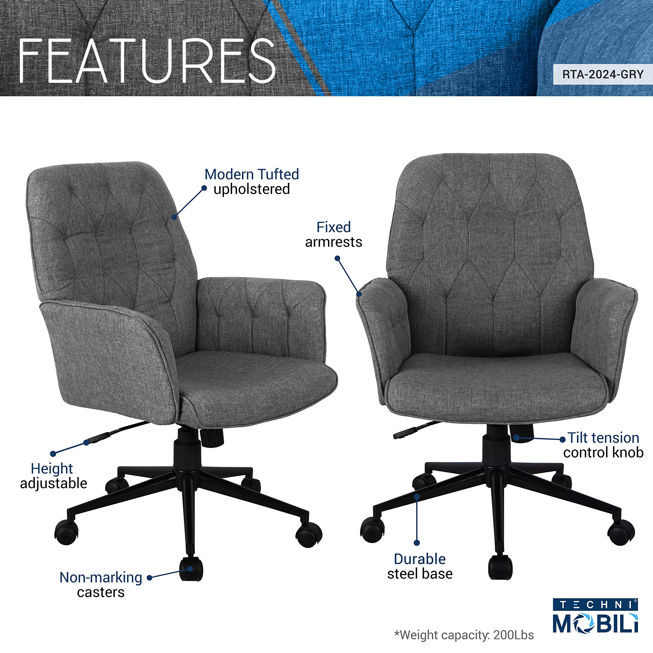 Techni Mobili Executive Modern Upholstered Tufted Office Chair With Arms, Regular, Grey