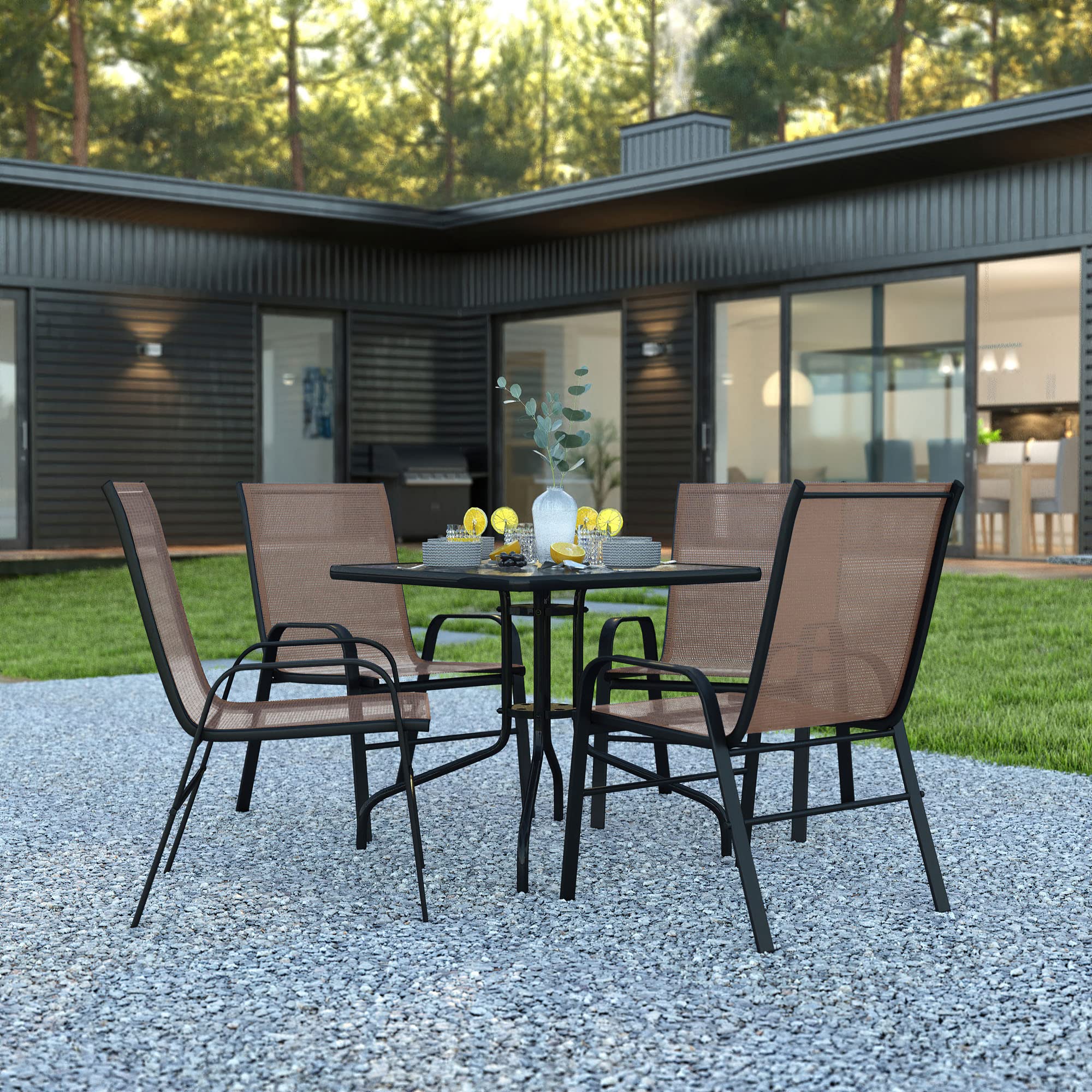 Flash Furniture 2 Flex Comfort Stack Chairs, 23.5" Square Tempered Glass Patio Table, Brown