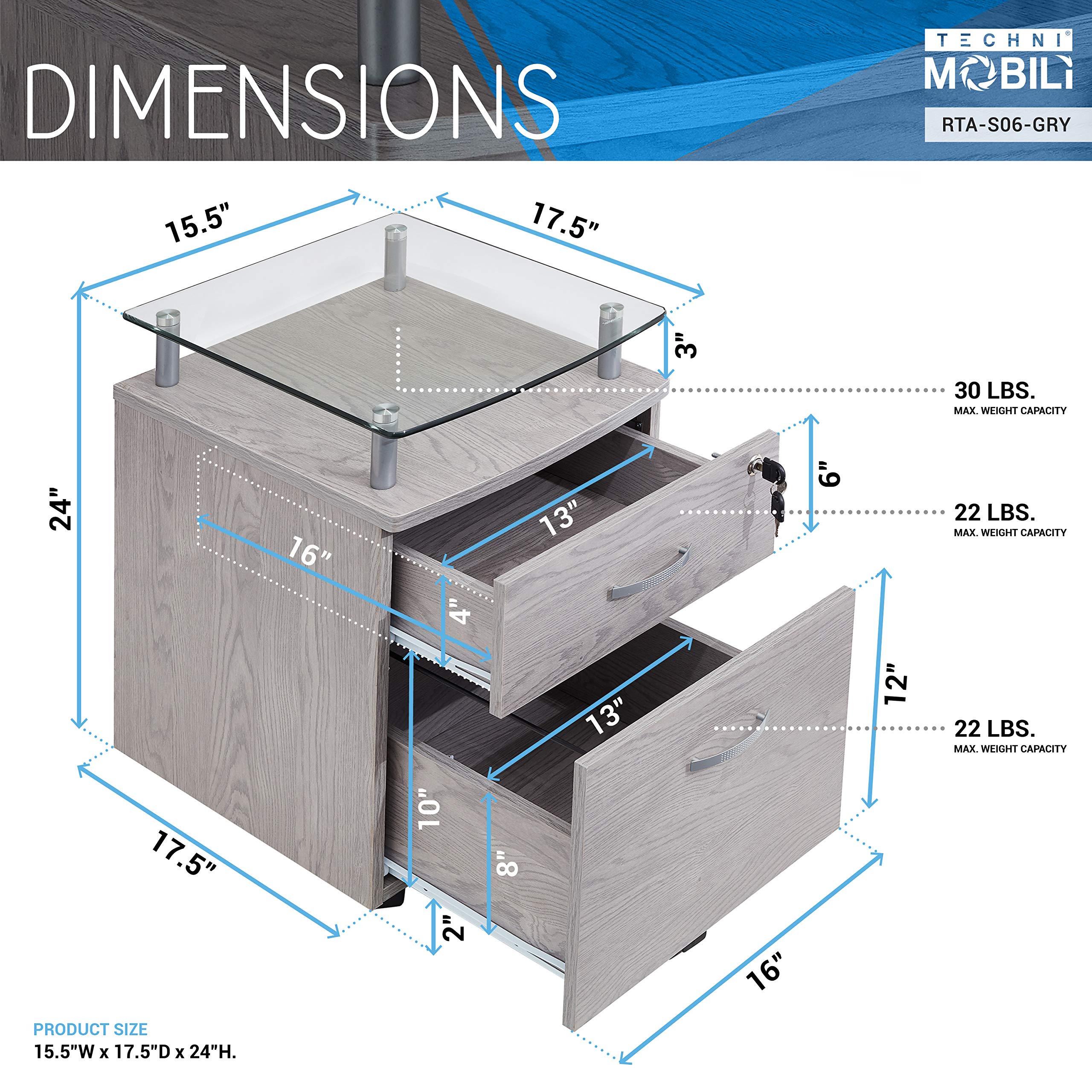 2-Drawer Rolling File Cabinet with Lock and Glass Top, Under Desk File Cabinet with Wheels, Printer Stand, Grey