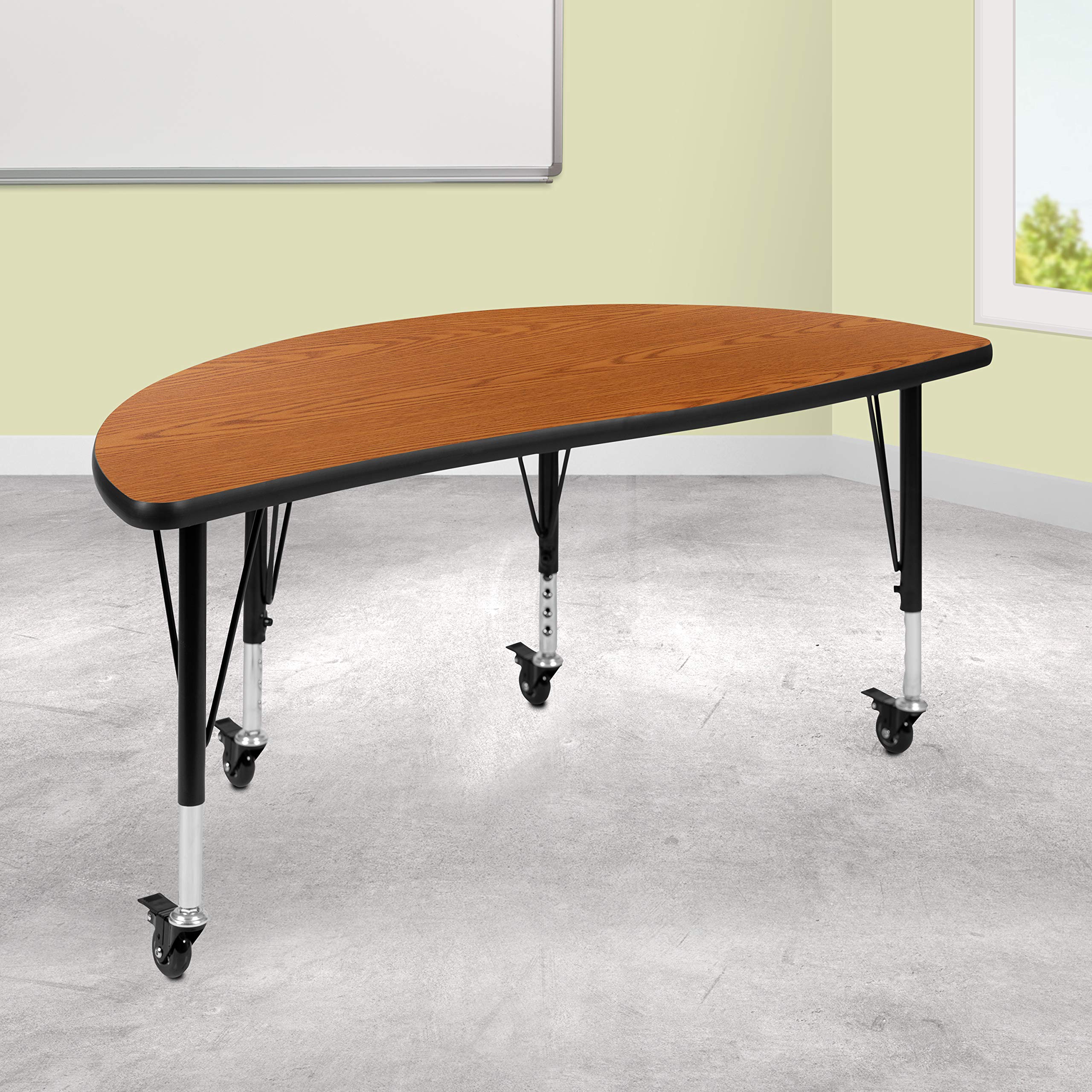 Flash Furniture Mobile 47.5 Half Circle Wave Collaborative Oak Thermal Laminate Activity Table - Height Adjustable Short Legs