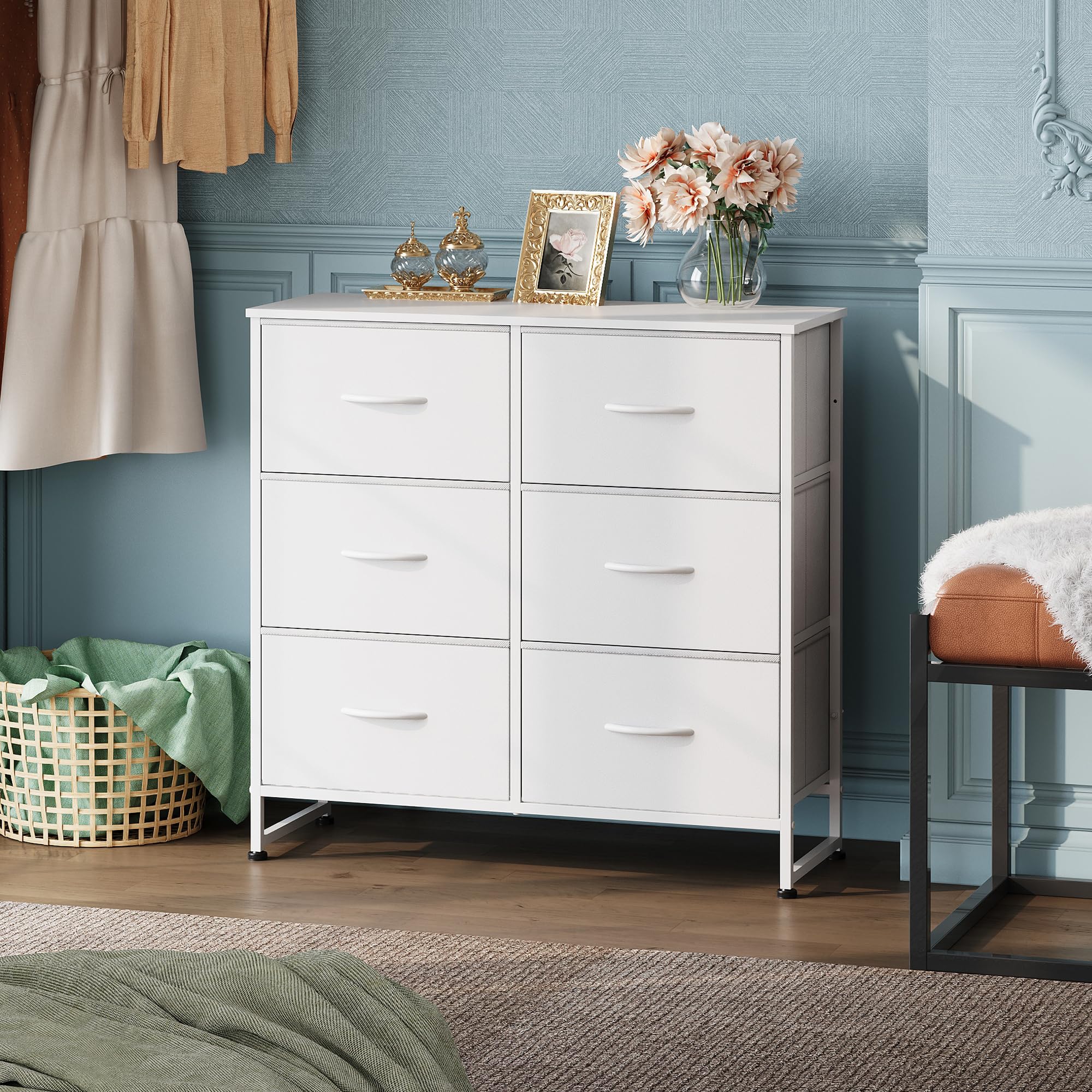 Wlive White Dresser For Bedroom, 6 Drawer Double Dresser, Fabric Storage Tower With Fabric Bins, Chest Of Drawers For Closet, Living Room, Hallway