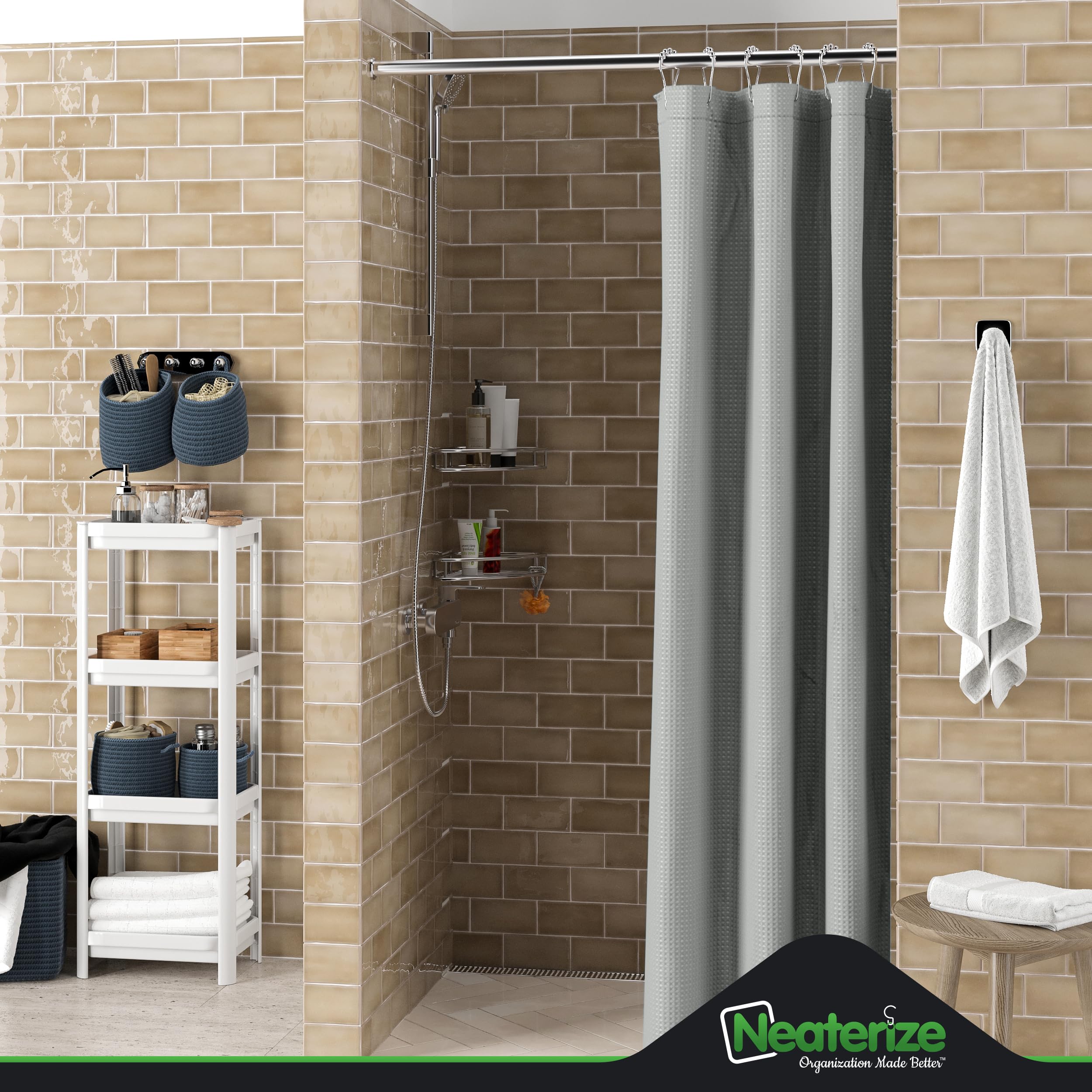 Neaterize Stall Shower Curtain Grey - Hotel Style Grey Shower Curtains For Bathroom With Waffle Design, 36X72 Inches - Fabric Sh
