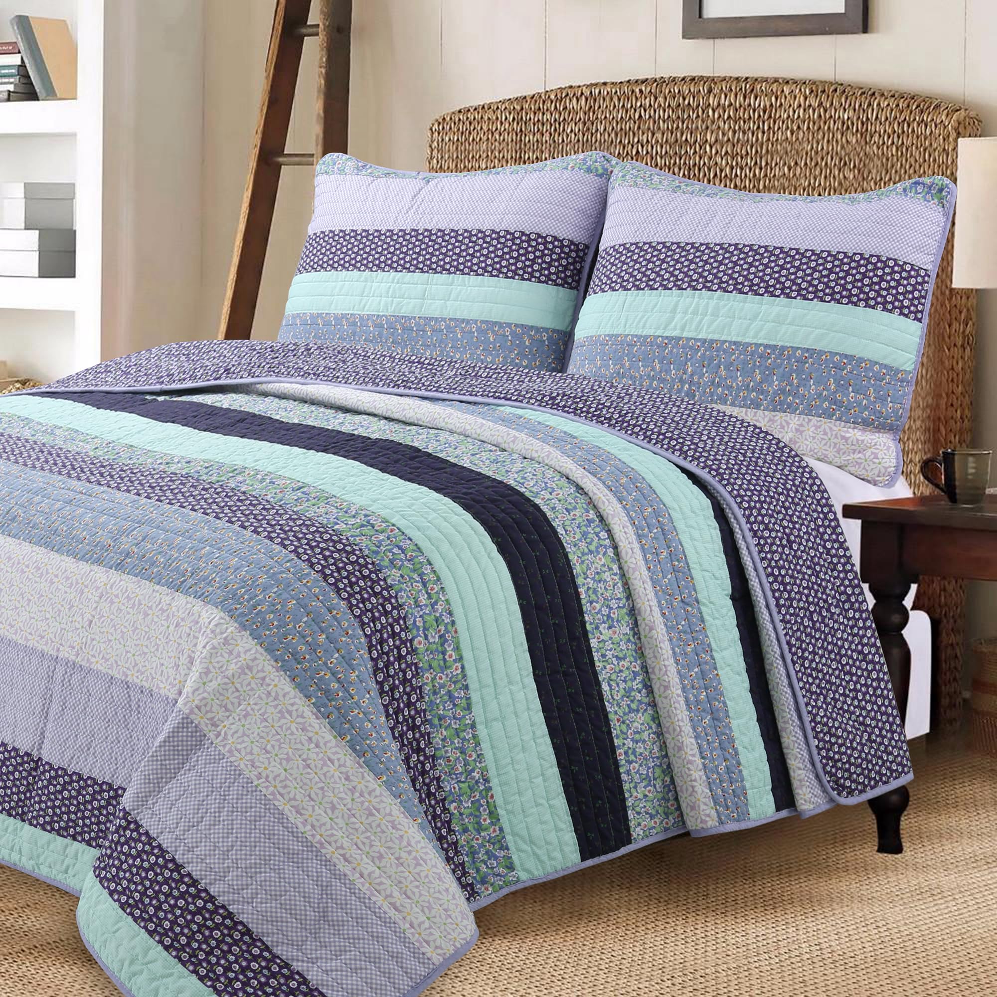 Cozy Line Home Fashions 100% Cotton Purple Floral Striped Cottage Reversible Quilt Bedding Set, Coverlet Bedspread For All Seaso