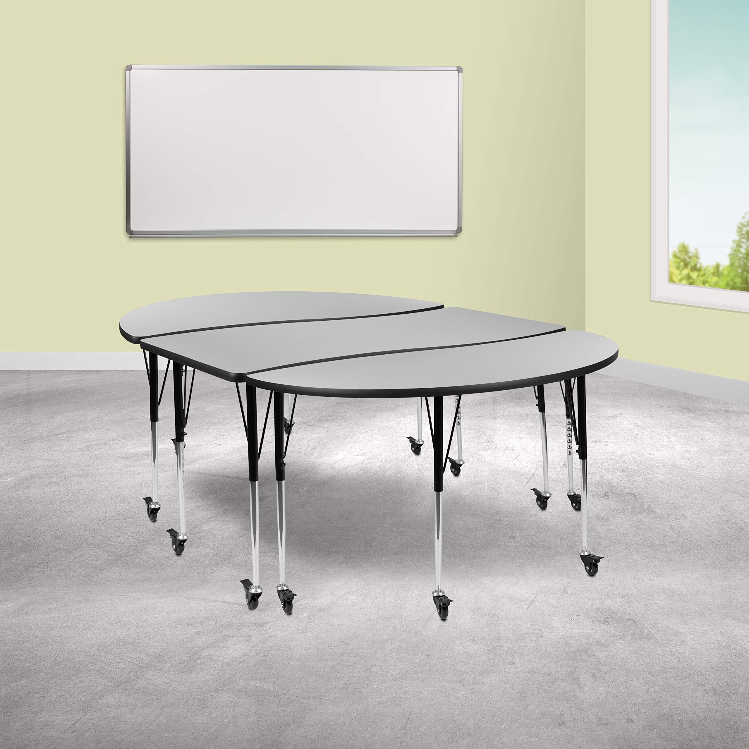 Flash Furniture Emmy 3 Piece Mobile 86" Oval Wave Flexible Grey Thermal Laminate Activity Table Set-Standard Height Adjustable Legs
