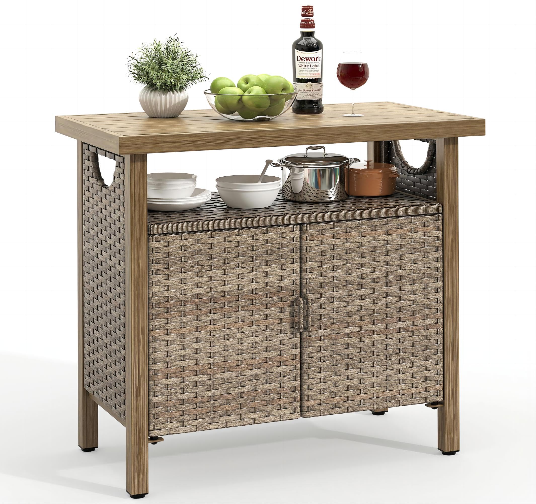 Yitahome Outdoor Storage Cabinet, Patio Bar Table With Two Doors And Shelves, Weatherproof Wicker Storage Console Table For Outdoor Cushions, Pool Toys And Garden Potting - Brown