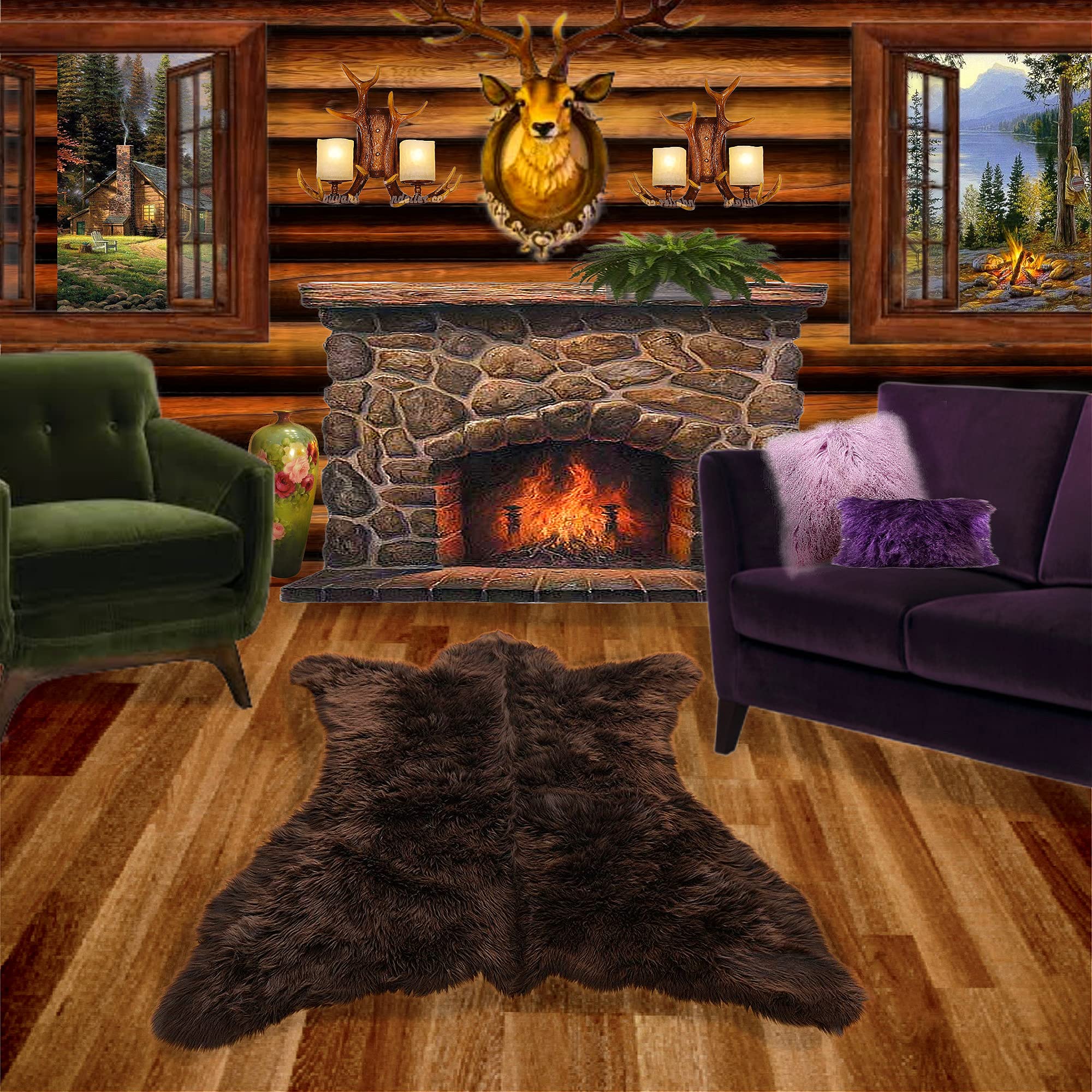 Faux Fur Area Rug, Carpet, Bear Skin Throw, Soft, Flexible, Warm and Cozy, Plush Faux Fur Bear Rug, Home Decor (Large, Brown)