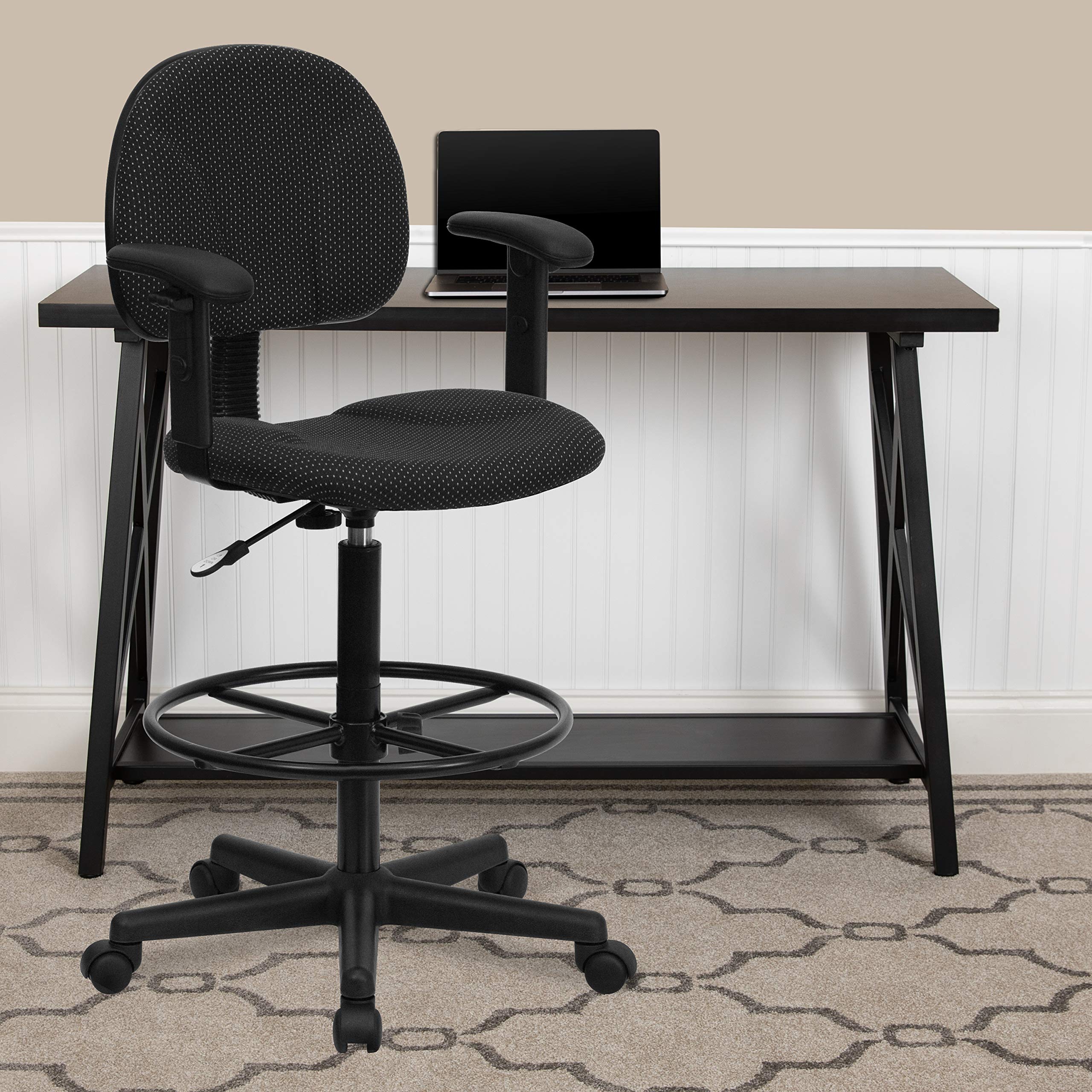 Flash Furniture Bruce Black Patterned Fabric Drafting Chair with Adjustable Arms (Cylinders: 22.5''-27''H or 26''-30.5''H)