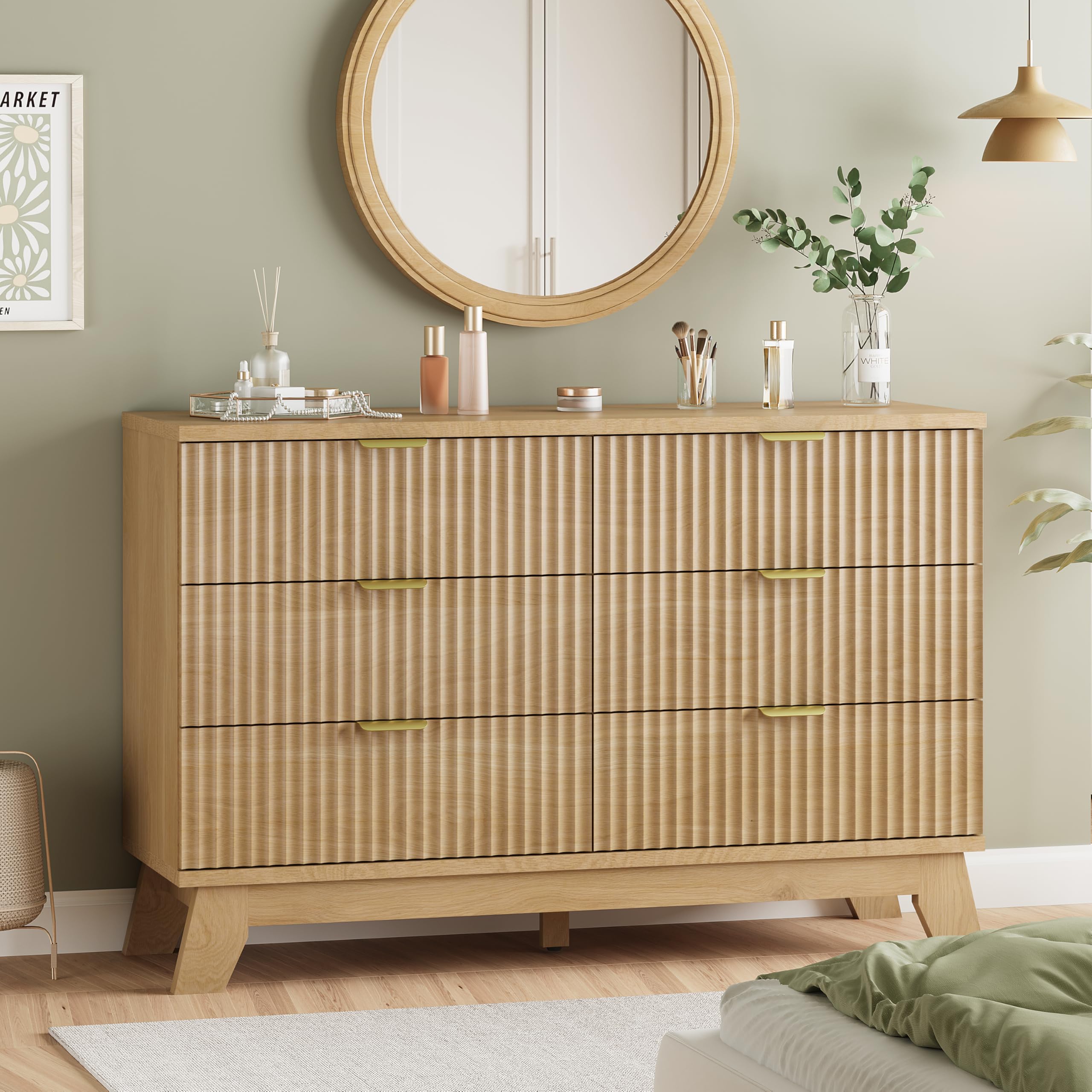 Fluted Dresser for Bedroom with 6 Drawers, 48 Wide Modern Chest of Drawers with Metal Handle, Wooden Dresser TV Stand, Wood Clos