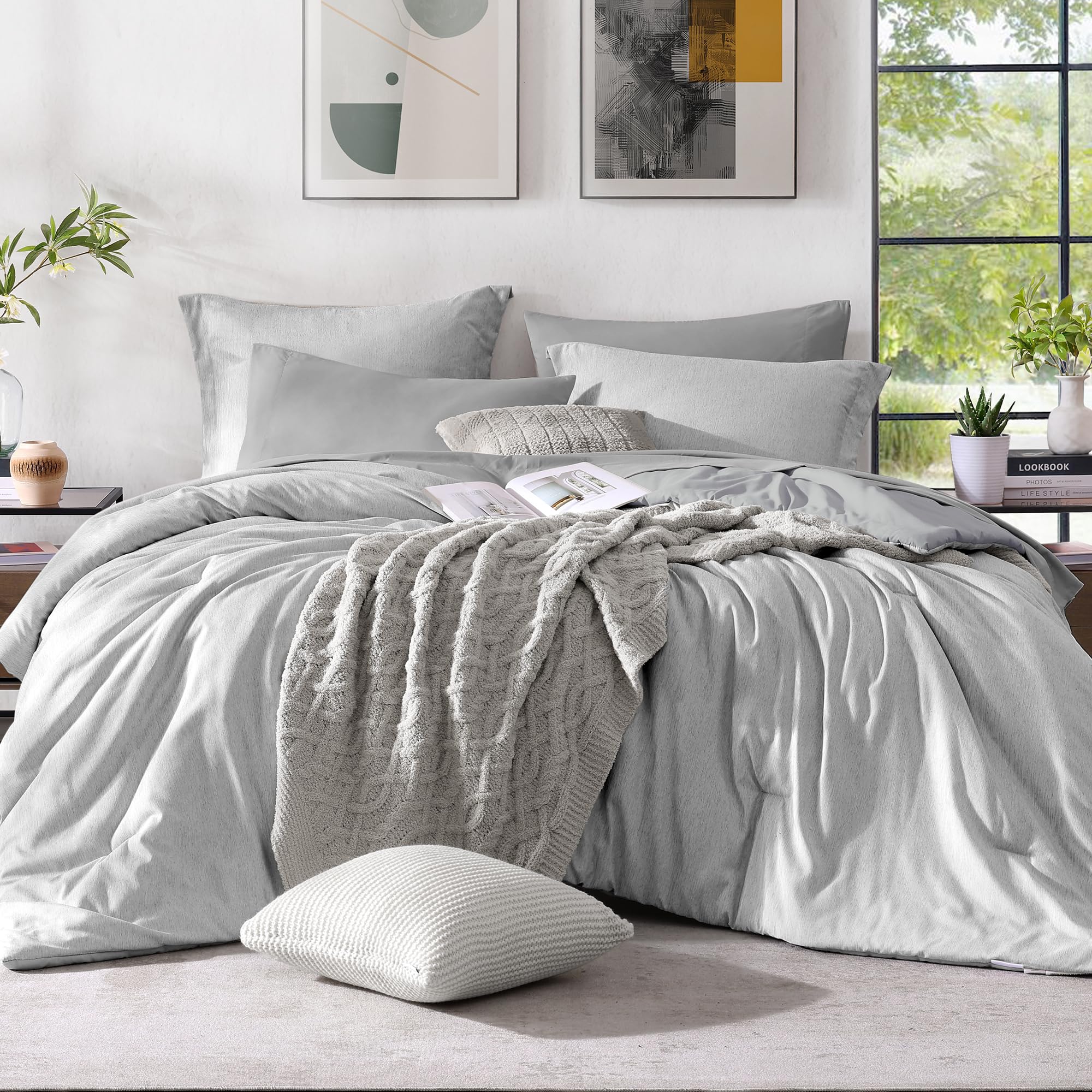 Monbix King Size Comforter Set, Grey King Size Bed Set Reversible, King Size Comforter Set 7 Pieces, Cationic Dyeing Bed In A Ba