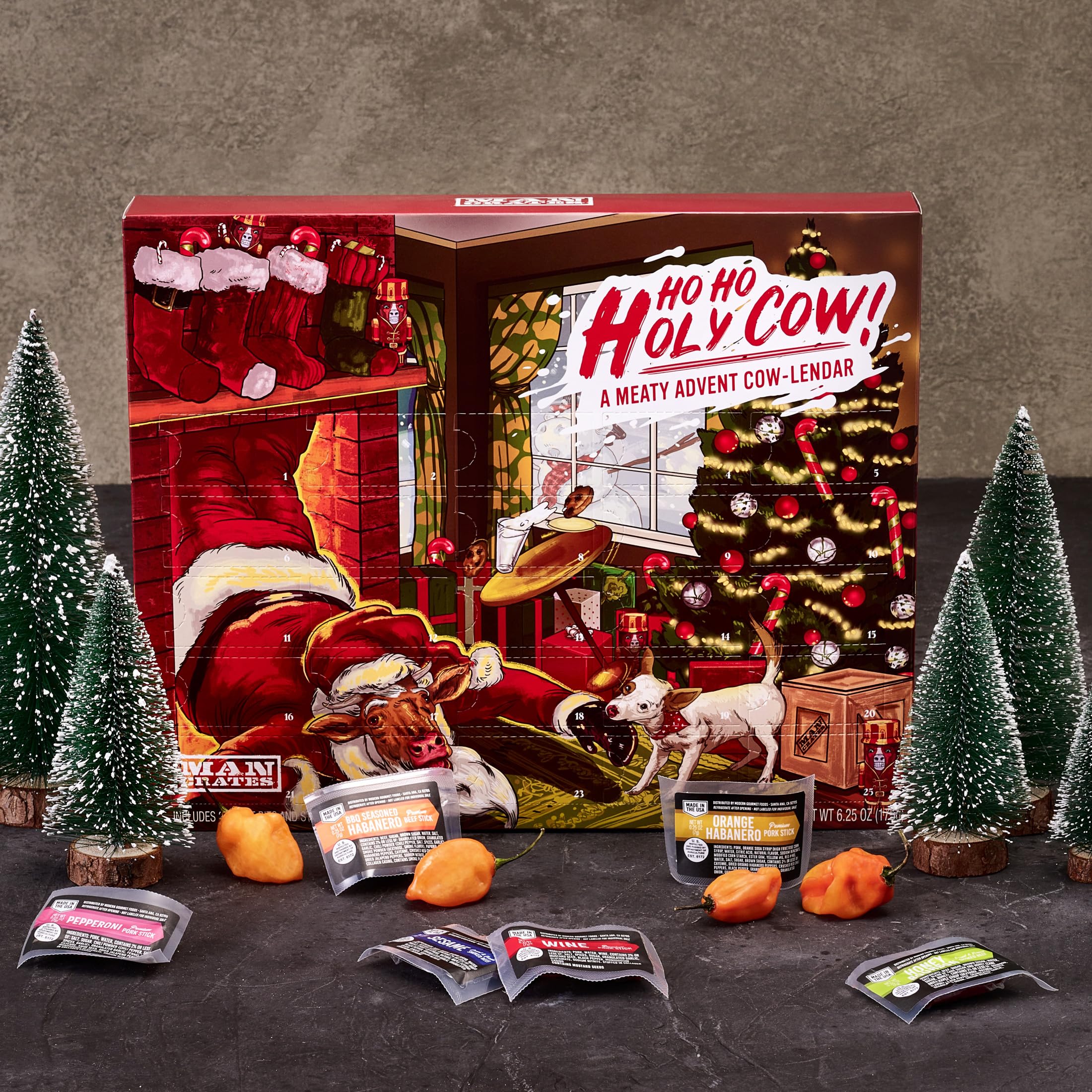 Man Crates Jerky Advent Calendar 2024 - 25 Beef Jerky Bites in Red with "Ho-Ho-Holy Cow" Artwork - Flavors: Orange Habanero, Rootbeer