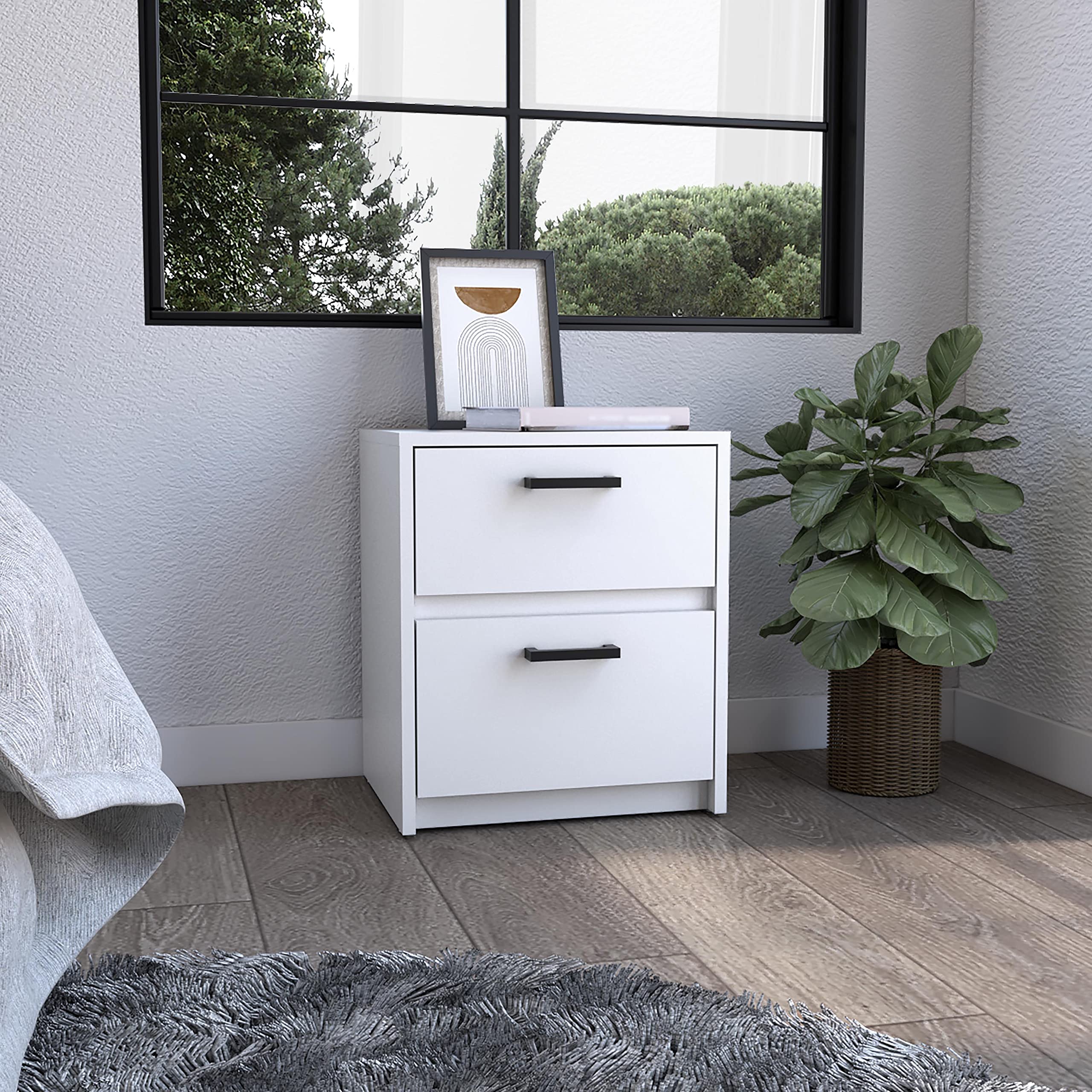 Nightstand 18" H, 2 Drawers with Metal Handles, White