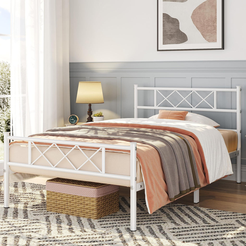 Yaheetech Metal Bed Frame Platform With Headboard And Footboard Mattress Foundation No Box Spring Needed Under Bed Storage Strong Slat Support Twin Size White