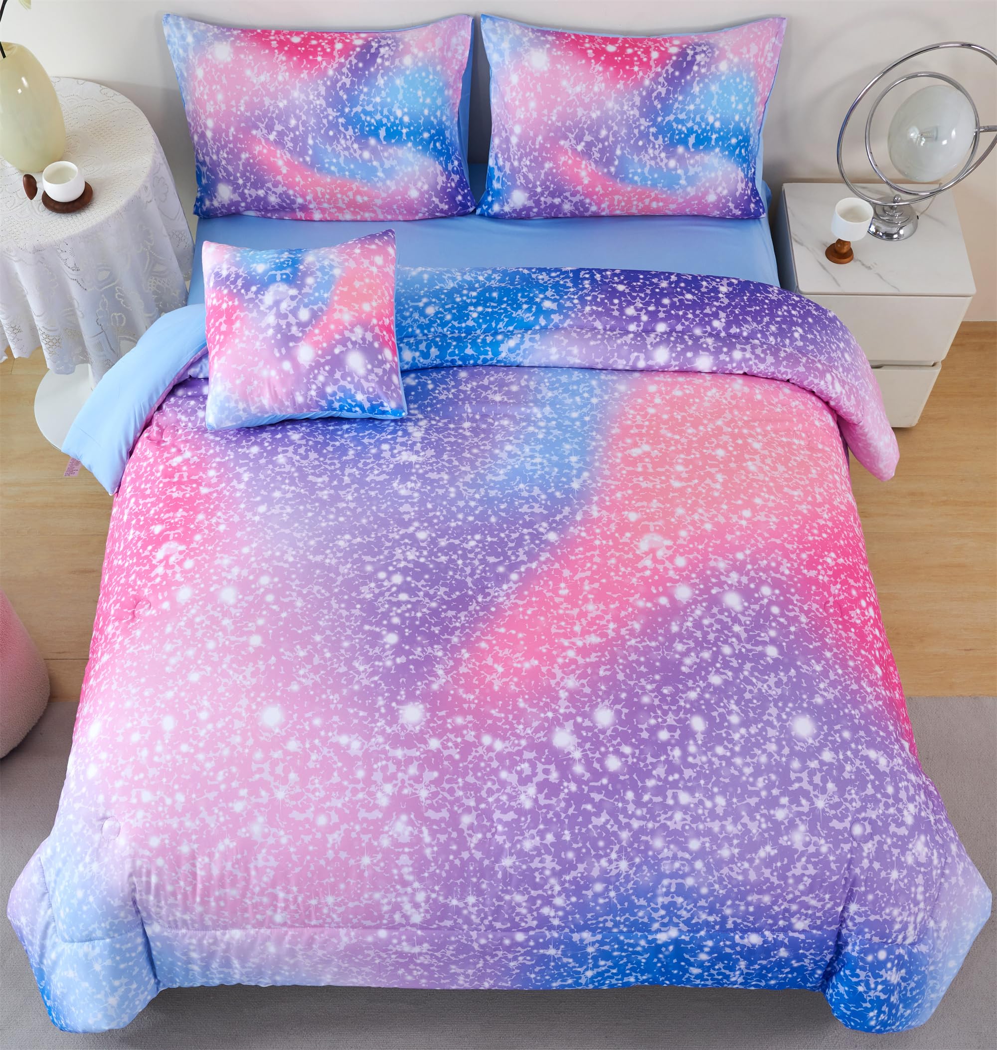 Rynghipy 6Pcs Girls Bedding Set Queen Size Colorful Rainbow Comforter Set For Kids Teens Girls Glitter Bedding Set Lightweight F
