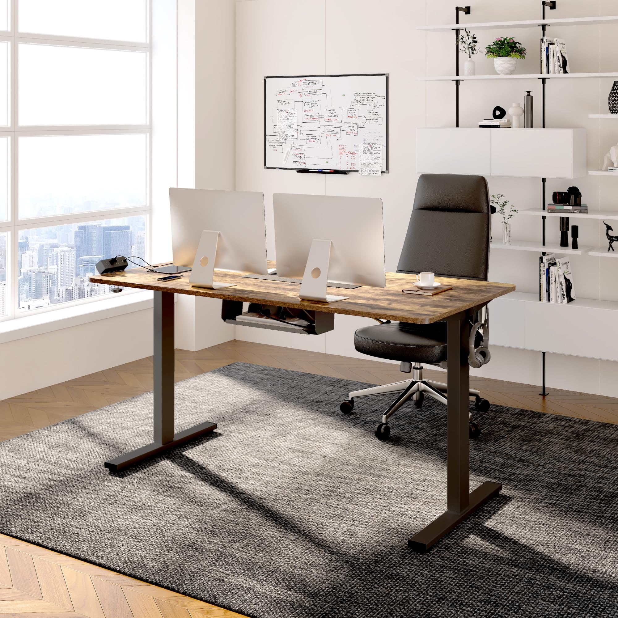 Flexispot En2 Whole-Piece Standing Desk With Clamp Power Strip, 48 X 24'' Electric Stand Up Height Adjustable Desk With Cable Management (Black Frame + 48' Rustic Brown Desktop, 2 Packages)
