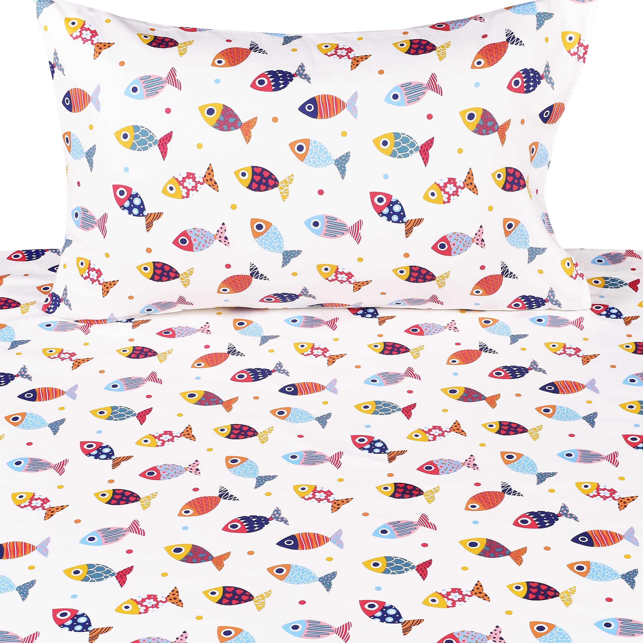 Scientific Sleep 100% Cotton Twin Bed Sheet Set - Colorful Fish Design, 3 Pcs Bedding for Kids, Includes Flat & Fitted Sheets, Pillowcase