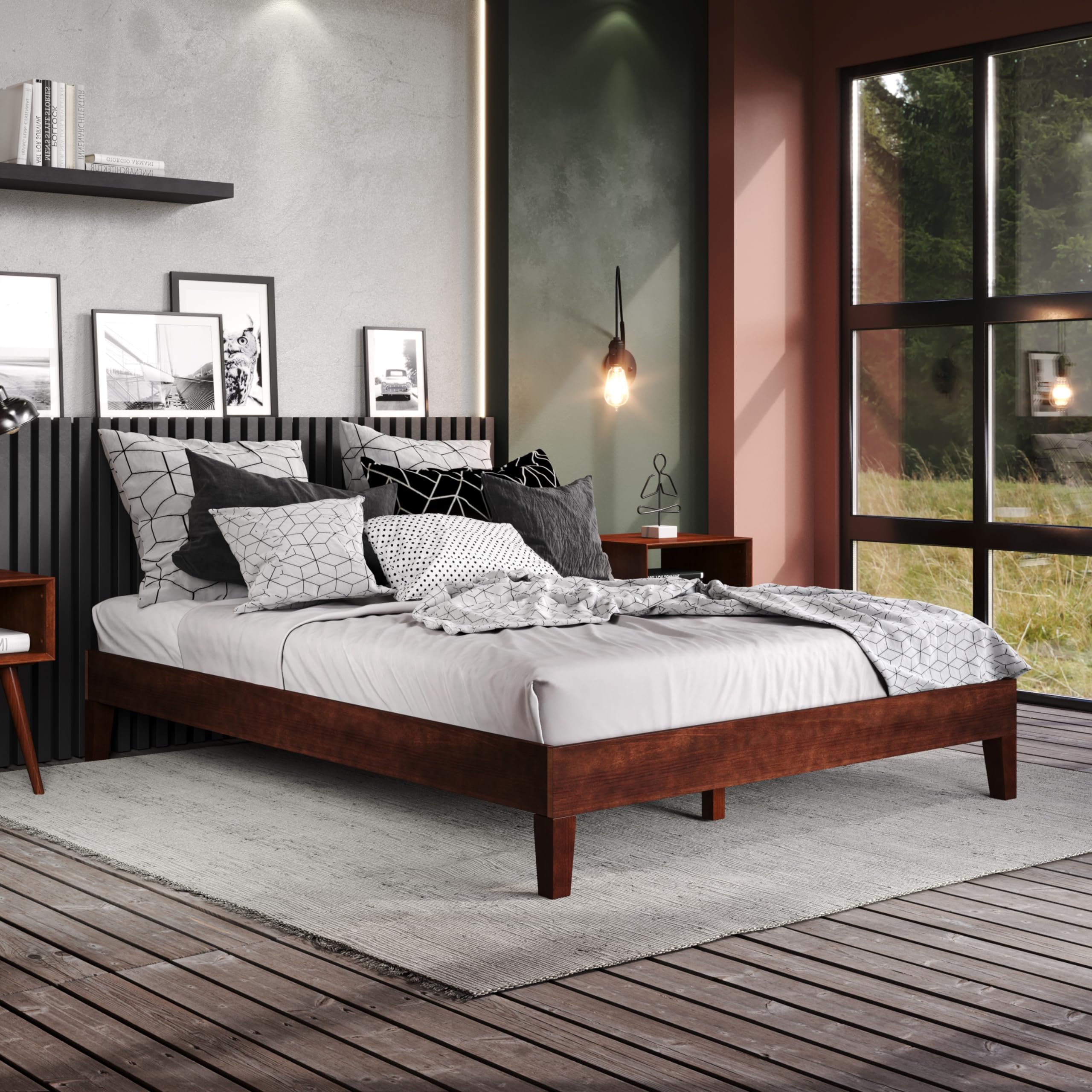 Steve Silver Co Nix Full Platform Bed, Bedroom, Farmhouse, Mid-Century, Traditional, 28-Slat Dual-Zone System Support, No Box Spring Needed, Solid Pine Wood, 77.01" L x 55.47" W x 12.24" H, Brown