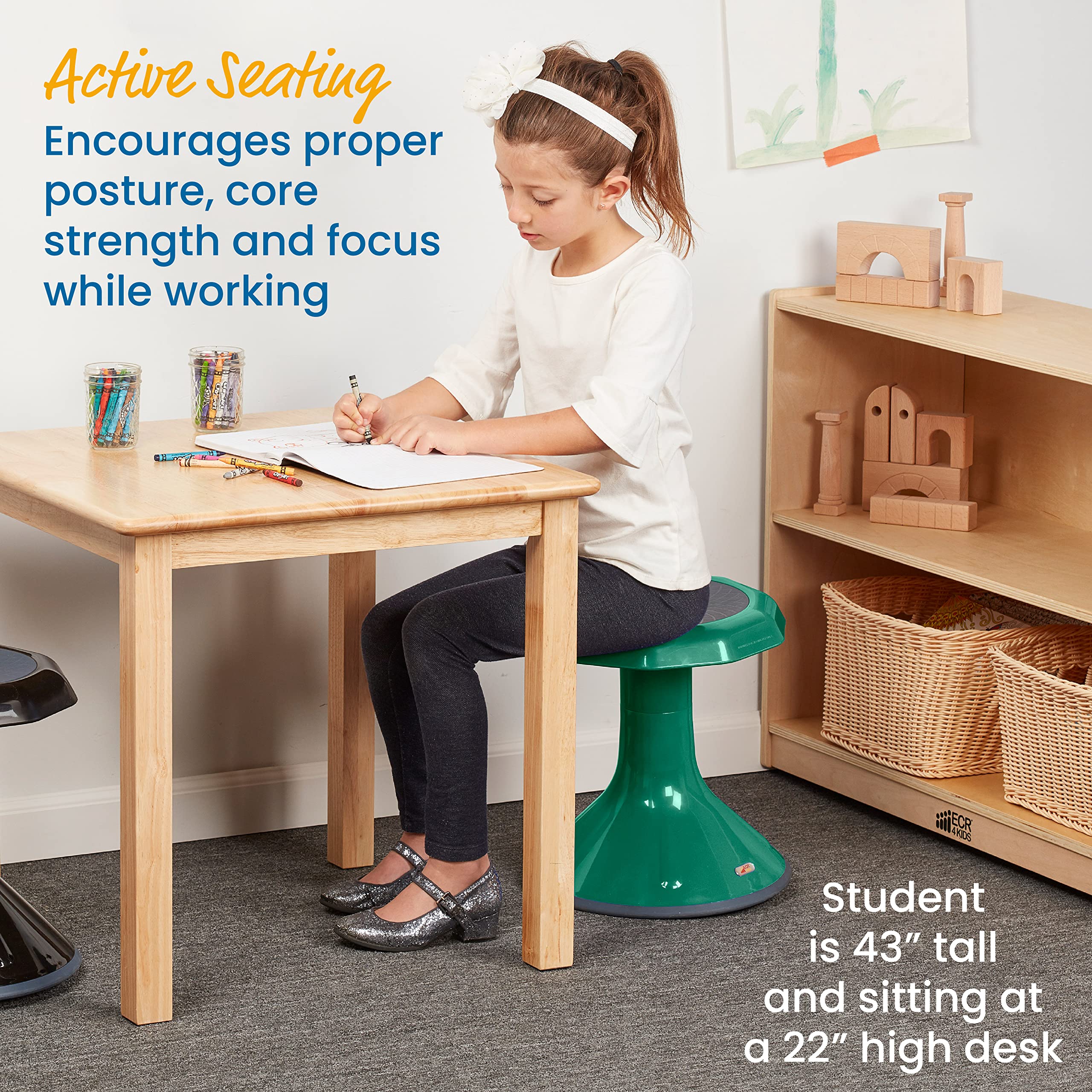 Ecr4Kids Ace Active Core Engagement Wobble Stool, 15-Inch Seat Height, Flexible Seating, Green
