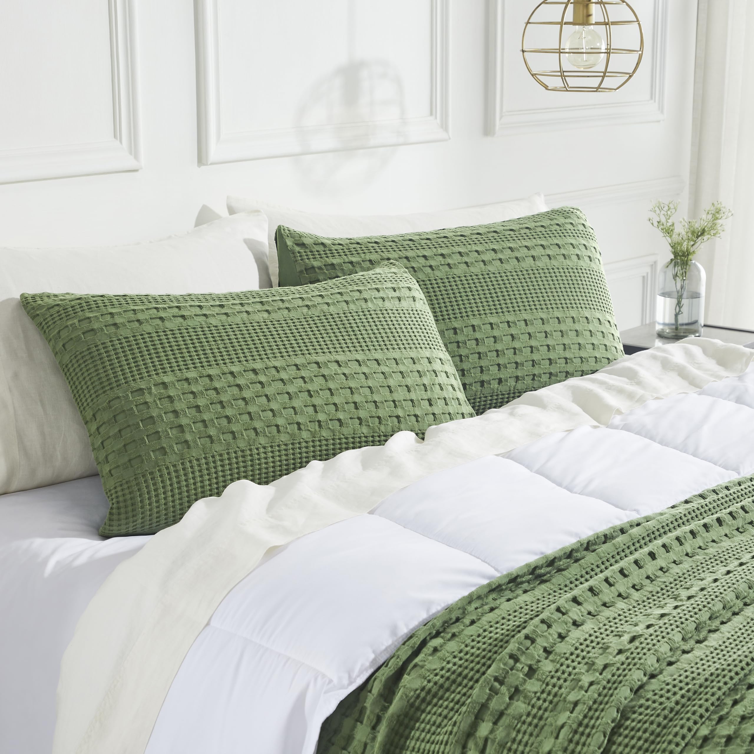 Vhc Brands 100% Cotton Waffle Weave Olive Green Queen Size Sham Set Of 2 20X30, Decorative Throw Pillow Covers/Shams, Boho Farmh