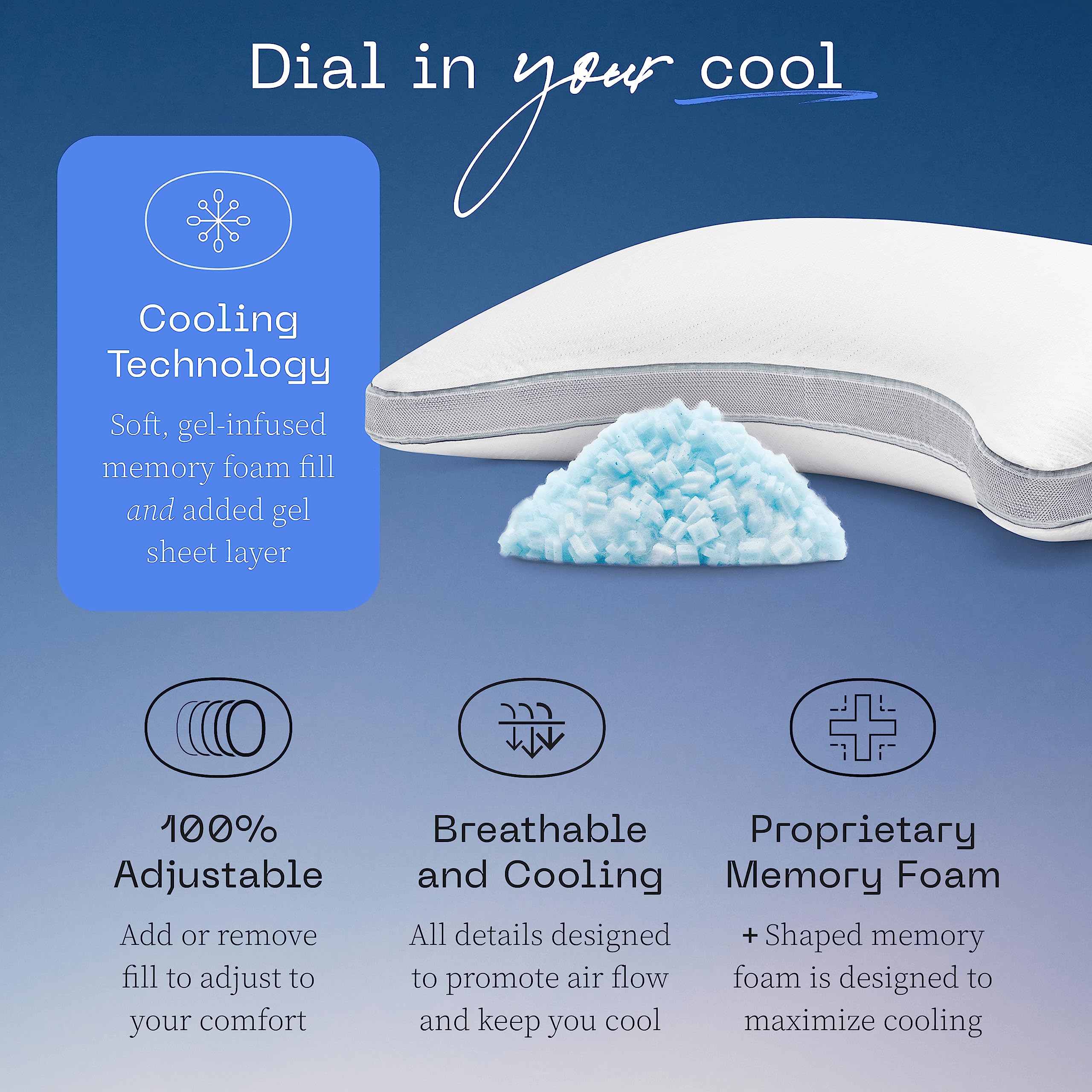 Coop Home Goods Eden Cool+ Crescent Adjustable Pillow, Queen Size Plus Shaped Memory Foam Pillows With Cooling Gel, Neck Support
