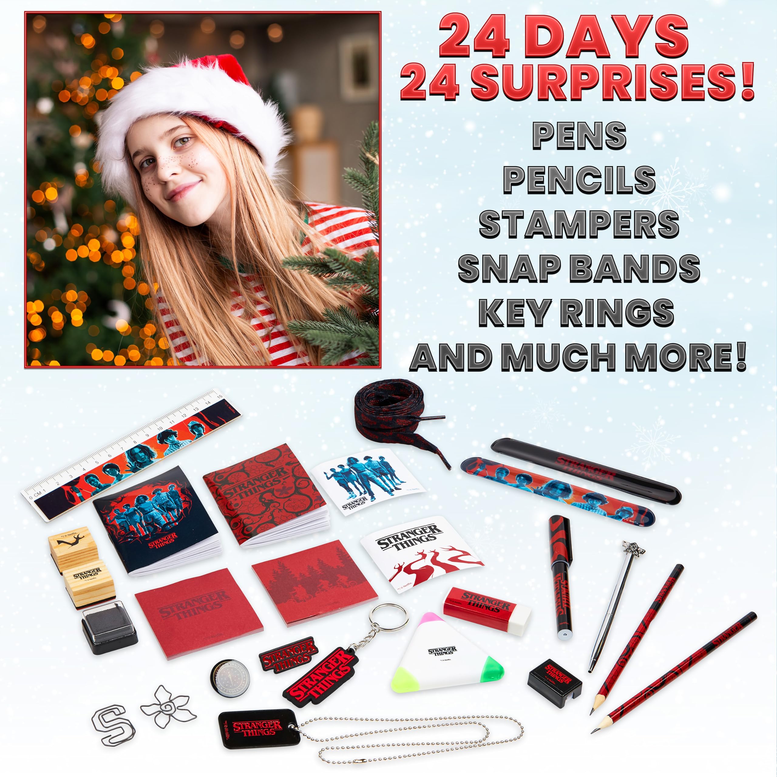 Stranger Things Advent Calendar 2024 - Stationery, Necklace, Keyrings, Stamps & Stickers - Multicolour - Model 968