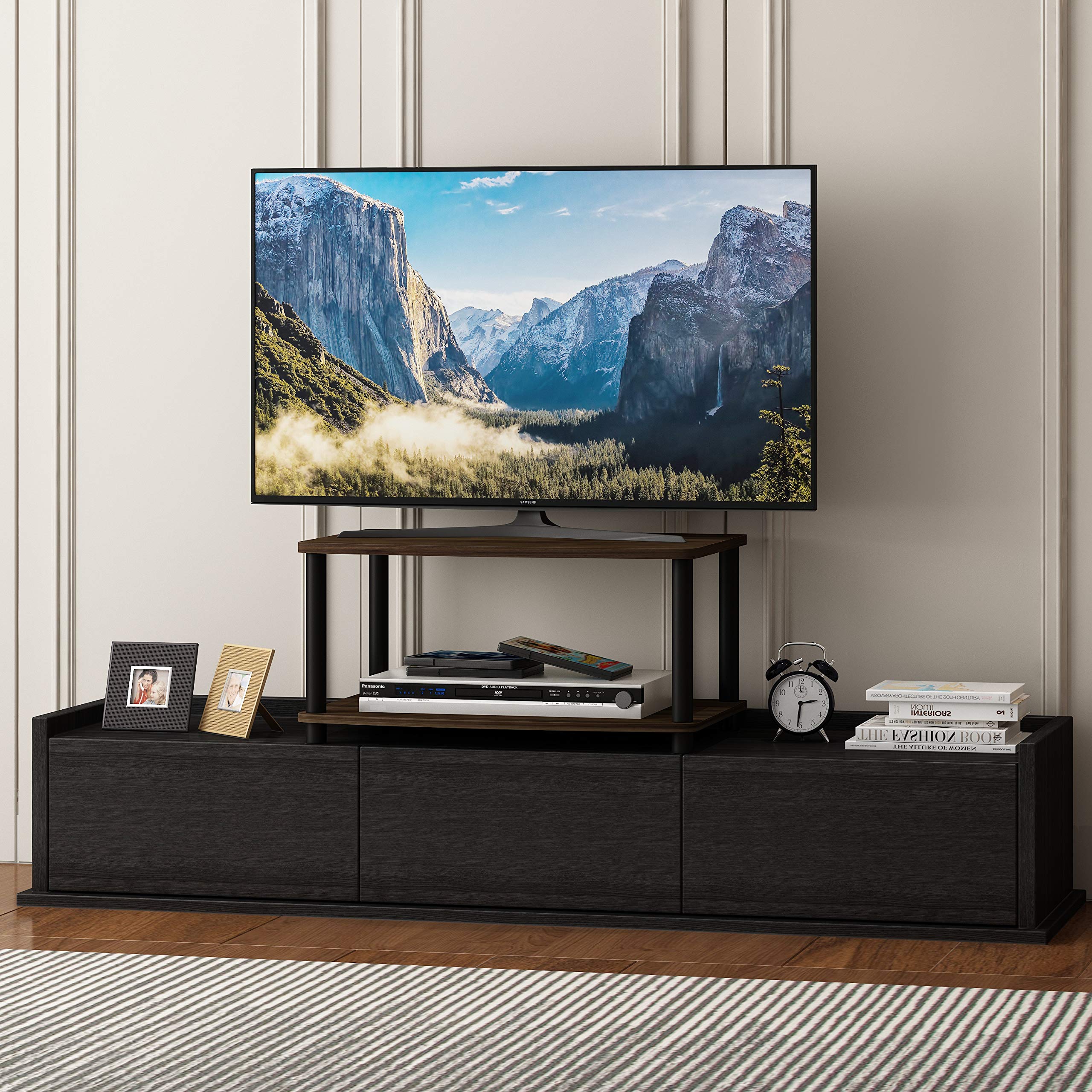 Furinno Turn-N-Tube No Tools 2-Tier Elevated TV Stand, Plastic Round Tubes, Columbier Walnut/Black