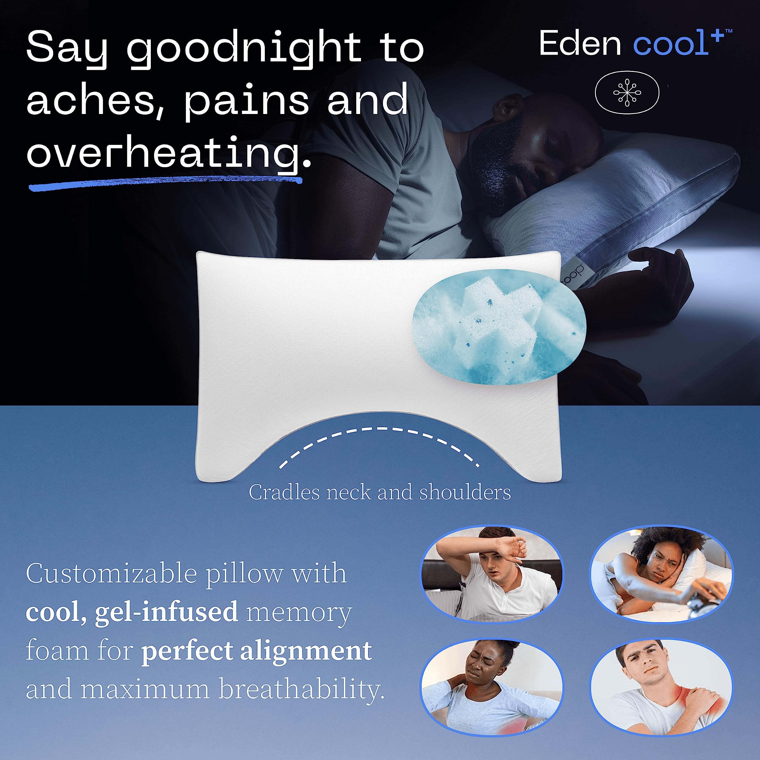 Coop Home Goods Eden Cool+ Crescent Adjustable Pillow, Queen Size Plus Shaped Memory Foam Pillows With Cooling Gel, Neck Support