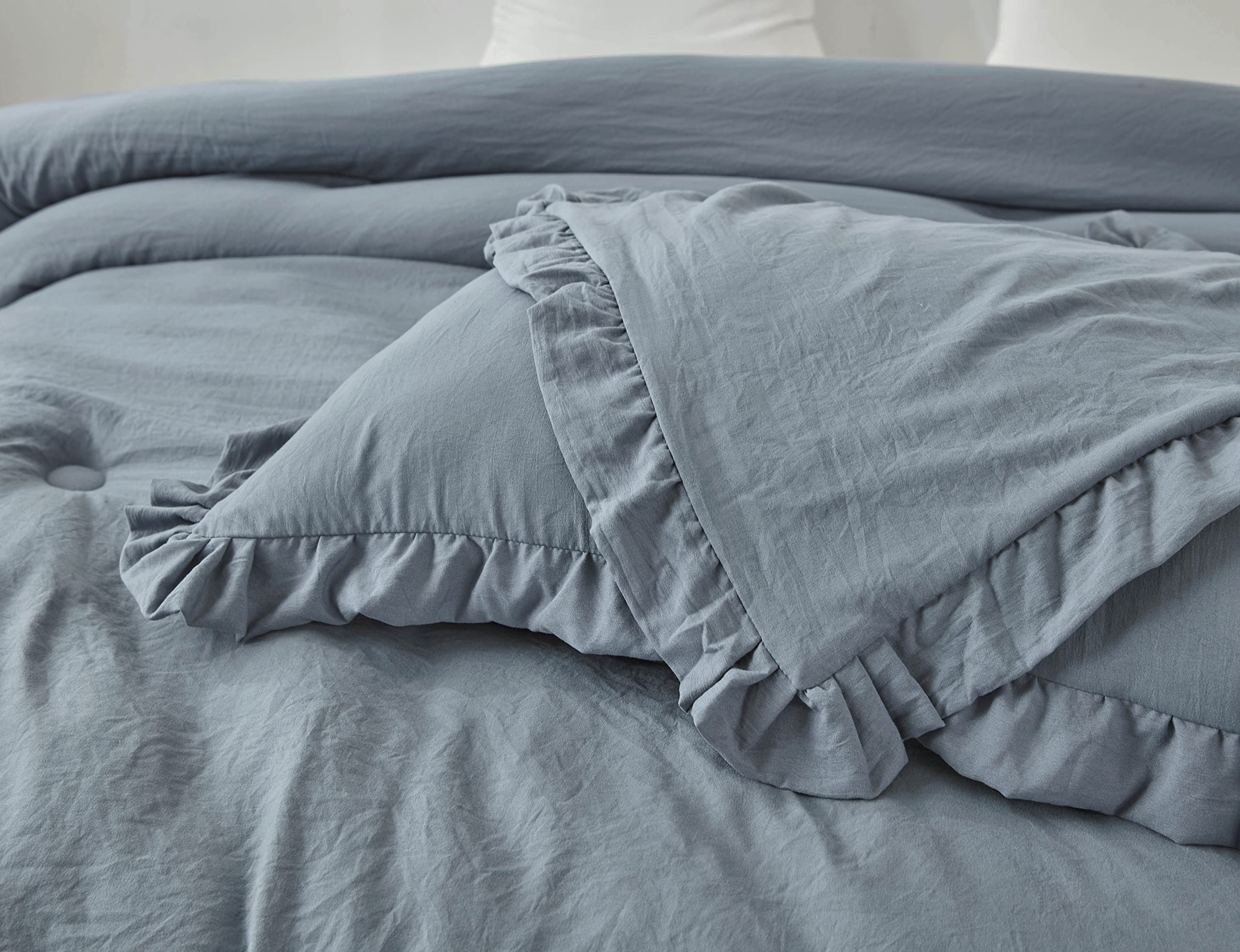 Chezmoi Collection Nora 3-Piece Ruffled Edge Trim Soft Washed Microfiber Comforter Set (Oversized King, Dusty Blue)