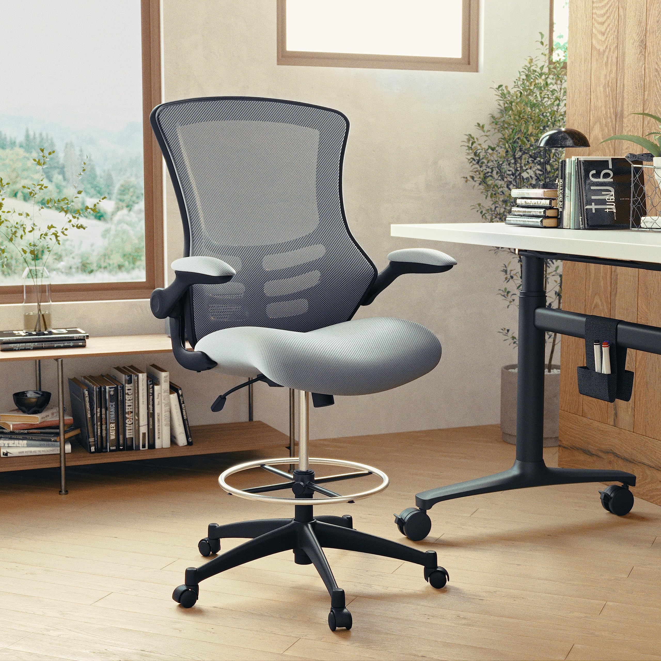 Flash Furniture Kelista Mid-Back Swivel Office Chair with Adjustable Seat Height, Ergonomic Mesh Desk Chair with Flip-Up Armrests, Dark Gray