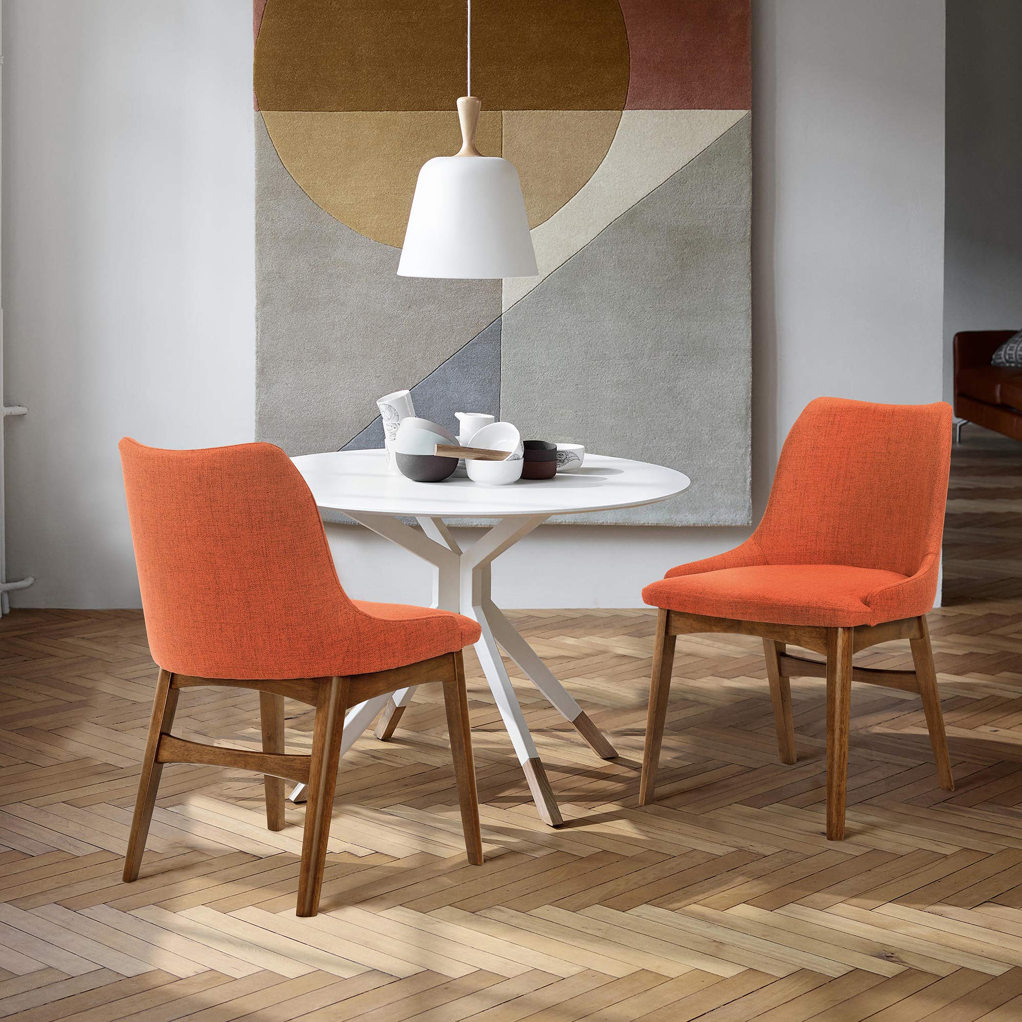 Armen Living Azalea Orange Fabric and Walnut Wood Dining Side Chairs - Set of 2