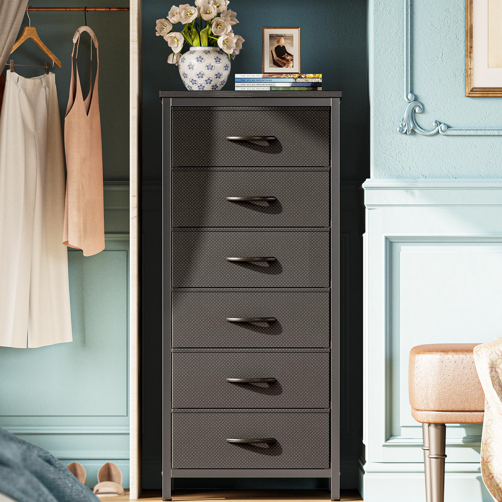 Huuger Tall Dresser For Bedroom, 6 Drawer Dresser & Chests Of Drawers, Fabric Dresser For Closet, Bedroom, Night Stand, End Table With Metal Frame, Storage Tower With Fabric Bins, Black