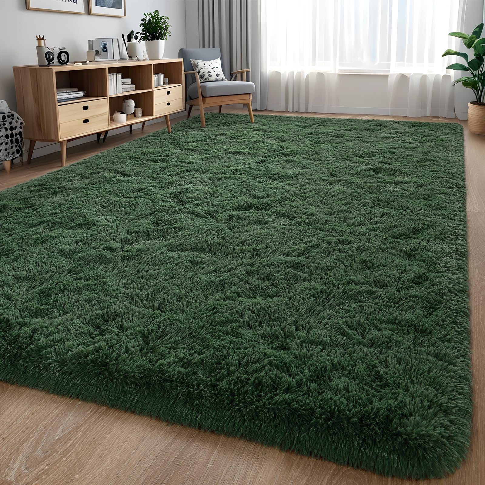 Larhom Fluffy Area Rugs for Living Room Bedroom, 4x6 Dark Green Ultra Soft Plush Fuzzy Rug, Anti-Skid Indoor Carpet Nursery Rugs
