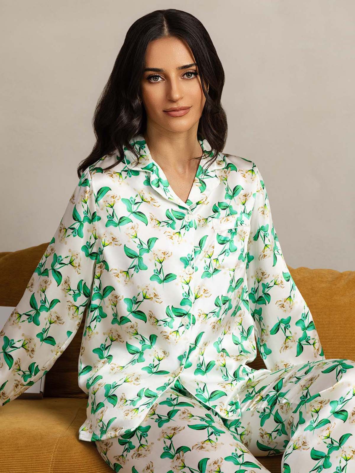 Women’s green floral print silk pajama set with notch collar and long sleeves