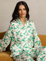 Women’s green floral print silk pajama set with notch collar and long sleeves