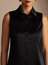 [Black] SilkSilky  Sleeveless Lapel Collar Women's Shirts 004