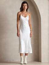 [White] SilkSilky  Spaghetti Strap V Neck Dress 003