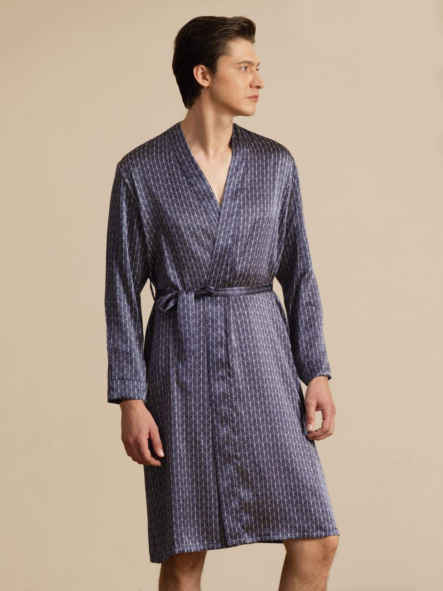 [Navy Ginkgo] SilkSilky  Long Sleeve Men's Robe 001
