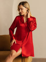 [Red] SilkSilky  Long Sleeve Lapel Collar Nightshirt 005