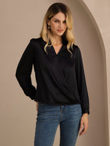 [Black] SilkSilky  Long Sleeve Wrap Women's Blouse 001