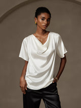 [White] SilkSilky  Short Sleeve Cowl Neck Women's Blouse 003