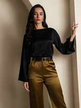 [Black] SilkSilky  Long Sleeve Boat Neck Women's Blouse 004