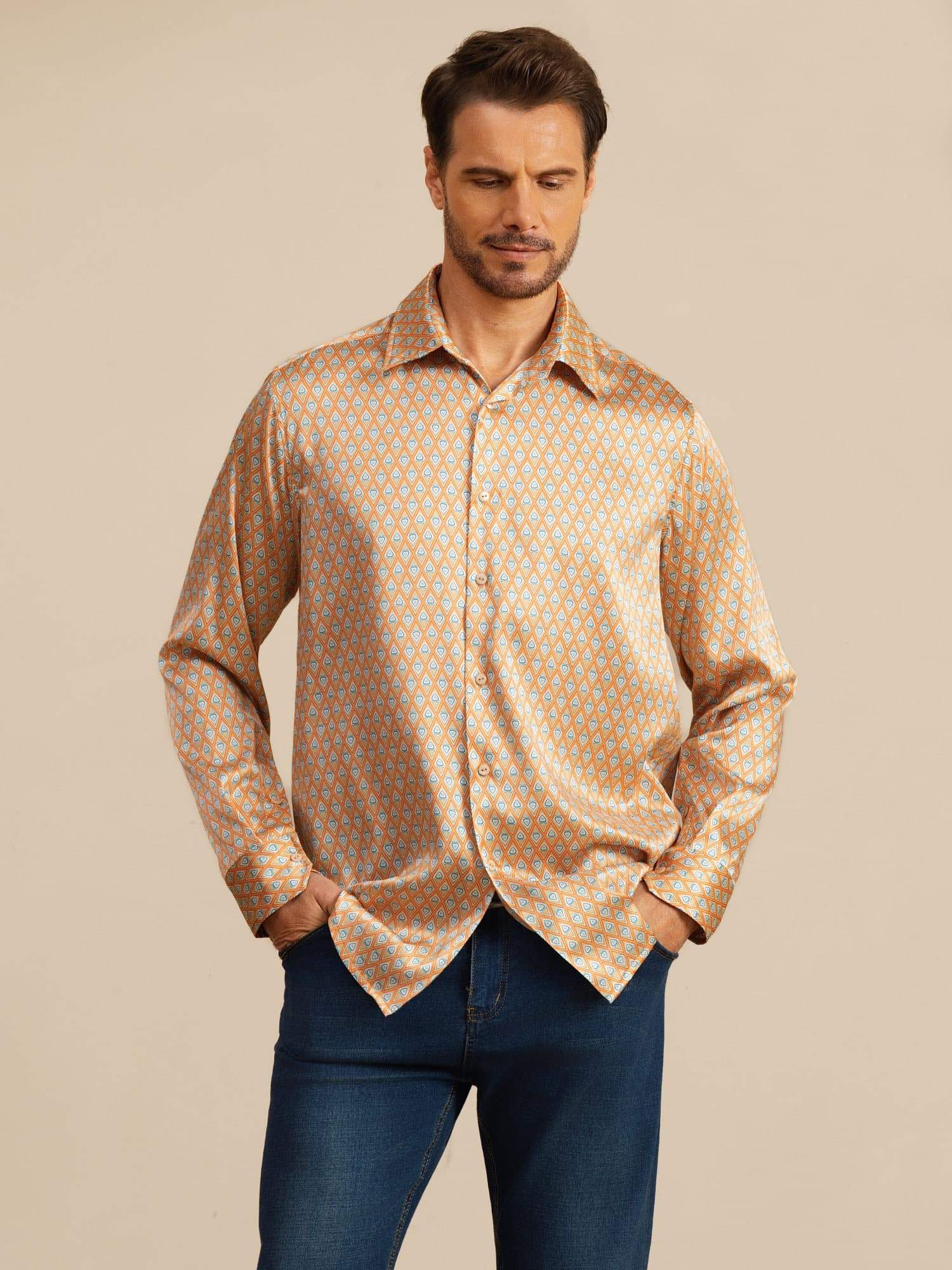 Men's long sleeve silk lapel shirt with orange geometric print and button front