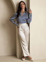 [Navy Stripe] SilkSilky  Long Sleeve Lapel Collar Women's Shirts 009