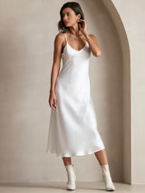 [White] SilkSilky  Spaghetti Strap V Neck Dress 005