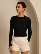 Black silk jersey mock neck long sleeve top with slim fit