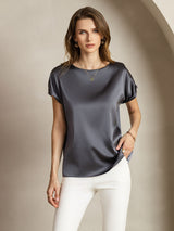 [Dark Gray] SilkSilky  Short Sleeve Boat Neck Women's T-Shirt 004