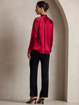 [Wine] SilkSilky  Long Sleeve Tie Neck Women's Blouse 004